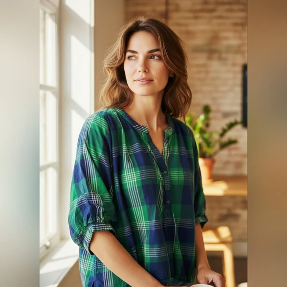 Stylish Green and Blue Plaid Button-Down Shirt 1X - Picture 1 of 4